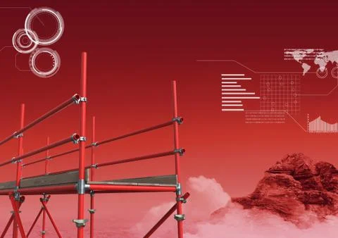 Red mountain and cloud landscape with technology interface and 3D Scaffolding Illustrazione stock