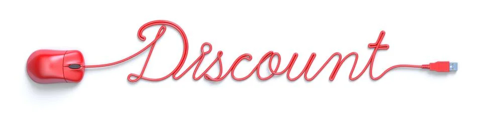 Red mouse and cable in the shape of Discount word Stock Illustration