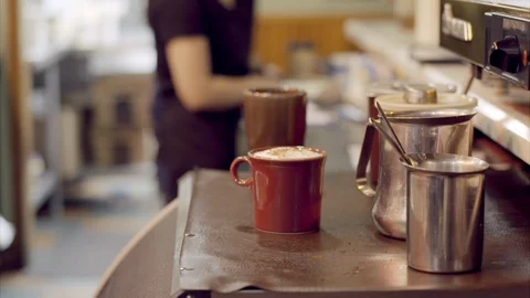 Red Mug with fresh roasted coffee. Hot chocolate with whipped cream. 스톡 동영상 127940776