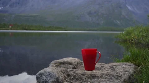 Red mug with herbal tea on the background of a calm lake Stock Footage 165879552