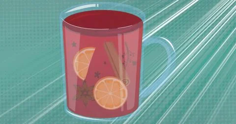 Red mug holding spiced beverage on teal backdrop with orange slices, cinnamon Stock Illustration