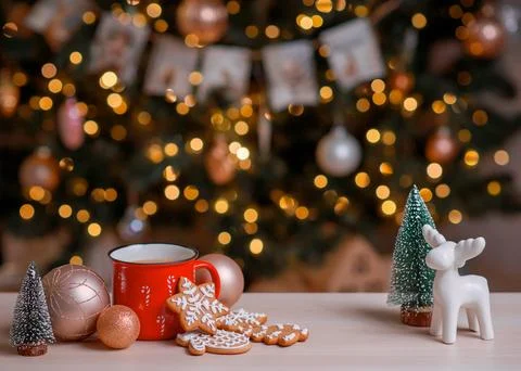 Red mug of hot cocoa with marshmallows and gingerbread cookies Stock Photos