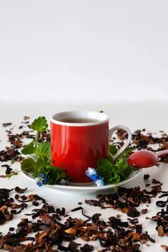 Red mug on a white table with leafs and flowers and white background Stock Photos