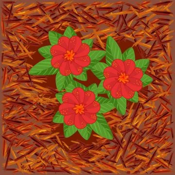 Red mulch and flowers. Bright mulch for flower beds using natural pine bark. Stock Illustration