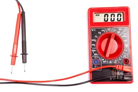 Red multimeter tester with lcd screen for measuring electrical data, isolated Stock Photos