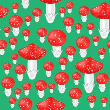 Red Mushroom Seamless Pattern on Green Background Stock Illustration