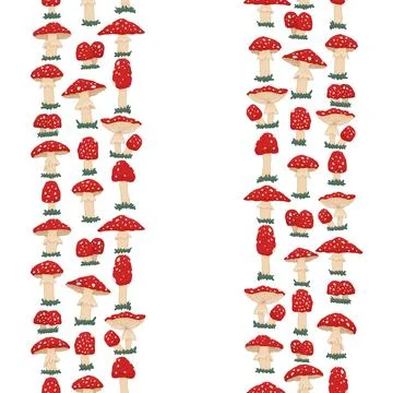 Red mushrooms vertical border. Vector flat seamless border on a white background Stock Illustration