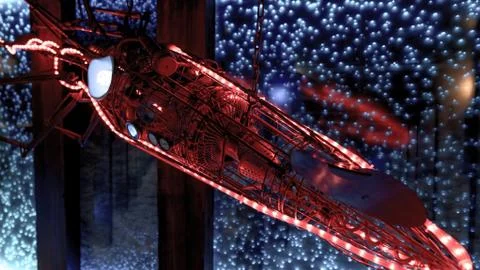 Red, mystical, technical, fish-shaped underwater structure against a backgrou Stock Photos