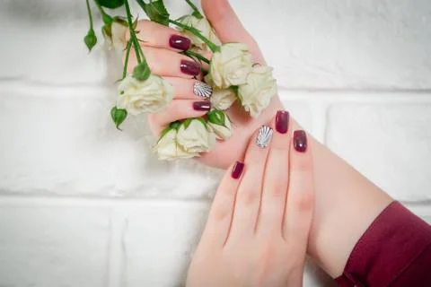Red nails, shell on the nail, manicure Stock Photos