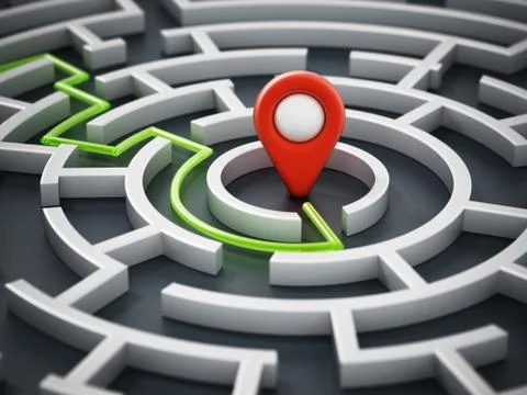 Red navigation marker at the center of round maze. 3D illustration Stock Illustration