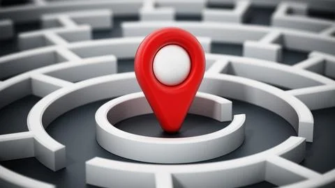 Red navigation marker at the center of round maze. 3D illustration Stock Illustration