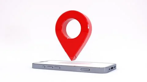 Red navigator pin checking with map on grey smartphone, mobile phone. Smart p Stock Illustration