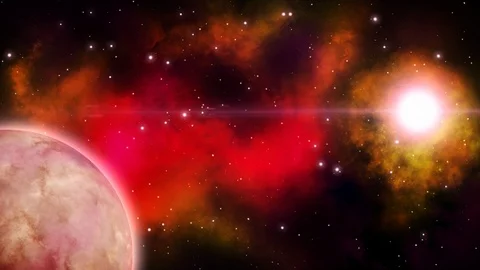 Red nebula in the deep space along with rotating planet and bright star. Loop. Stock Footage 95224703