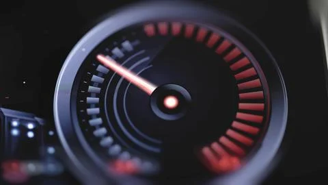 Red needle points upward on close circular gauge Stock Photos