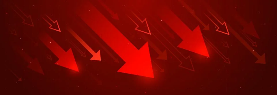 Red neon arrows moving down, financial loss Stock Illustration