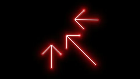 Red neon arrows pointing inward on black background glowing moving direction vid Stock Footage 333819236