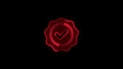Red neon check mark badge glowing on black background, dynamic animated foo.. Stock Footage 345549647