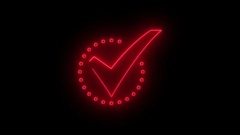 Red neon check mark symbol with pulsating circle border on black background.. Stock Footage 345548073