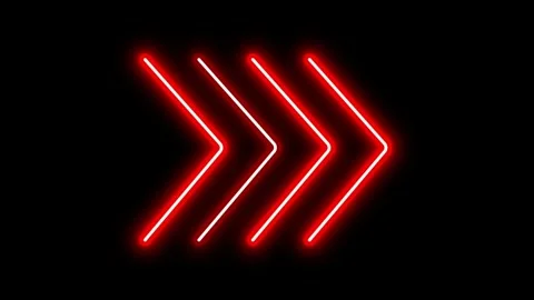 Red neon chevron arrows pulsing and moving right on black background looped vide Stock Footage 333819450