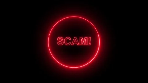 Red neon circle sign frame with text scam inside on black. Cyber crime warn.. Video stock 337023186