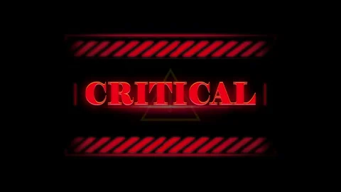 Red neon critical text with caution tape with yellow warning triangle appears Stock Footage 345567887