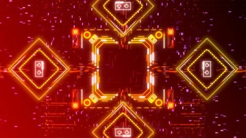 Red neon cyber background. Digital glitch hud. Circuit board hi tech 3d Illustrazione stock