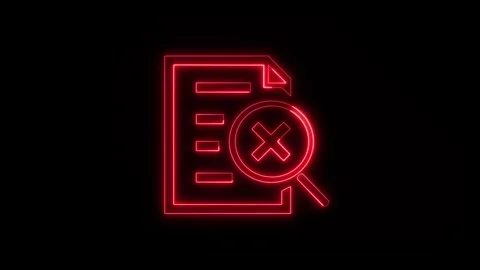 Red neon document icon with magnifying glass failed search, invalid data Stock Footage 335763583