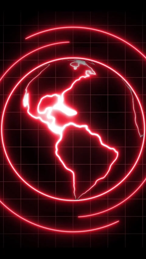 Red neon earth globe with concentric circles and grid pattern. Earth globe .. Stock Footage 345718326