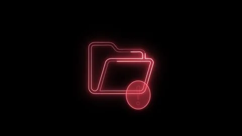 Red neon folder icon with exclamation mark warning symbol flashing on black.. Stock Footage 345548315
