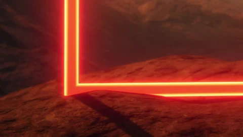 Red Neon Frame Glowing on Dark Rocky Ground at Night Stock Footage 348397945