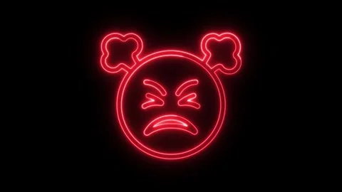 Red neon glowing angry face emoji icon on dark black background Stock Footage 342233926