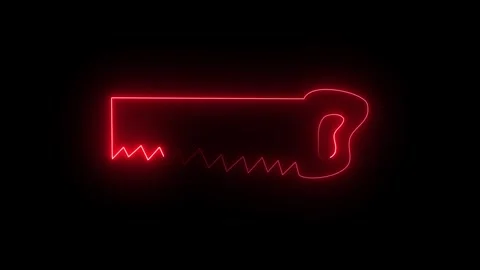 Red neon glowing hand saw icon on black background Stock Footage 346366004