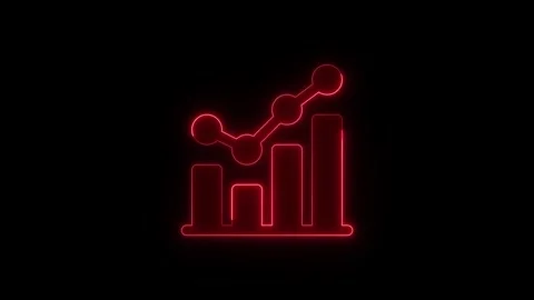 Red neon growth chart icon glowing on black background featuring a bar grap.. Stock Footage 345550299