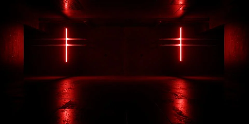Red Neon Laser Vibrant Sci Fi Modern Cement Concrete Garage Warehouse Bunke.. 스톡 일러스트