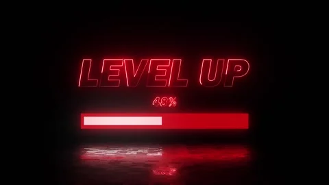 Red neon level up text with progress bar achieving success in a dark setting Stock Footage 333031640