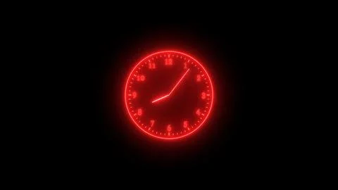 Red neon light analog clock isolated on black background Stock Illustration