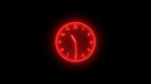 Red neon light analog clock isolated on black background Stock Illustration