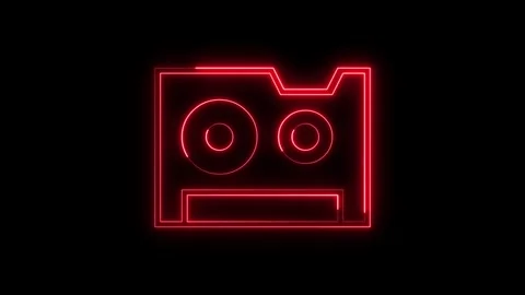 Red neon light cassette tape icon glowing on black background animation. 库存影片 337330607