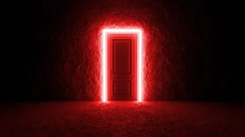 Red neon light framing closed door in dark room Illustrazione stock