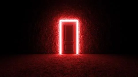 Red neon light framing closed door in dark room Illustrazione stock