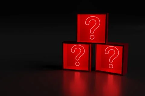 Red neon light in the shape of a question mark in boxes. 3d illustration. Stock Illustration