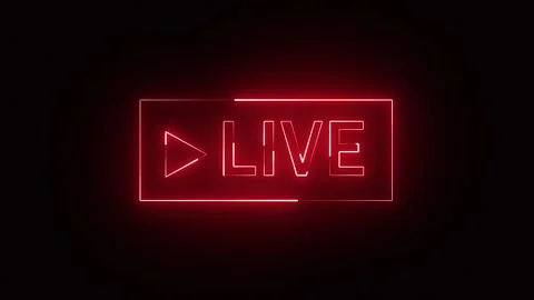 Red neon live streaming button on dark background for broadcasts. Seamless loop. Stock Footage 333973570