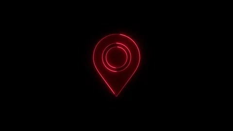 Red neon location pointer glows on black background in dynamic motion desig.. Stock Footage 345550320