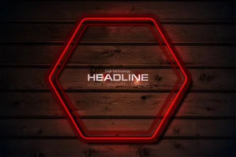 Red neon luminous hexagonal frame on dark wooden abstract background Stock Illustration