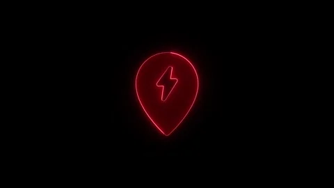 Red neon map pin icon with lightning bolt symbol flashing on black backgrou.. Stock Footage 345549773