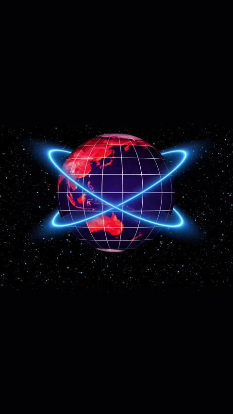 Red neon orbiting lines around glowing earth globe on starry black backgrou.. Stock Footage 344730677