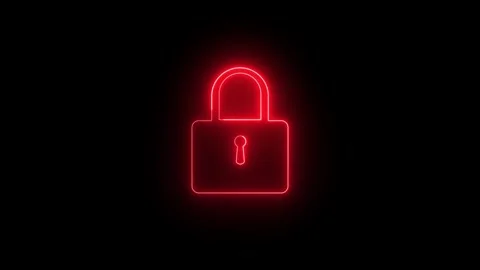 Red Neon Padlock Icon Glowing on Dark Background Cyber Security Protection .. Stock Footage 332627378