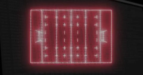 Red neon panel grid glowing in terminal, with hex overlay, starburst glints and Foto stock