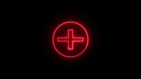 Red neon plus sign icon within glowing circle on black background, red neon.. 스톡 동영상 334123832