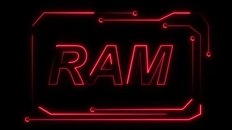 Red Neon RAM Text Inside a Futuristic Circuit Board Frame on animated Black.. Stock Footage 337363361